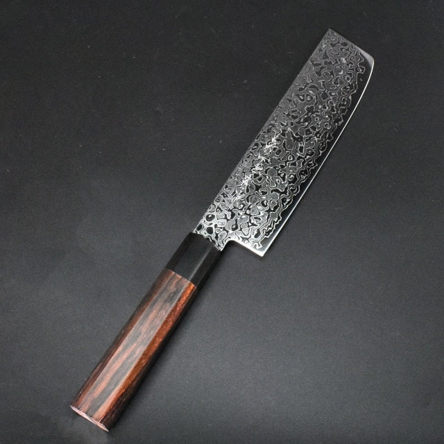 よく切れる！　最高級　手打　包丁　63層ダマスカス　モナカ柄　特上 NWD 45層みがきダマスカス鋼 菜切包丁＜ローズウッド柄＞ – 菊一文珠